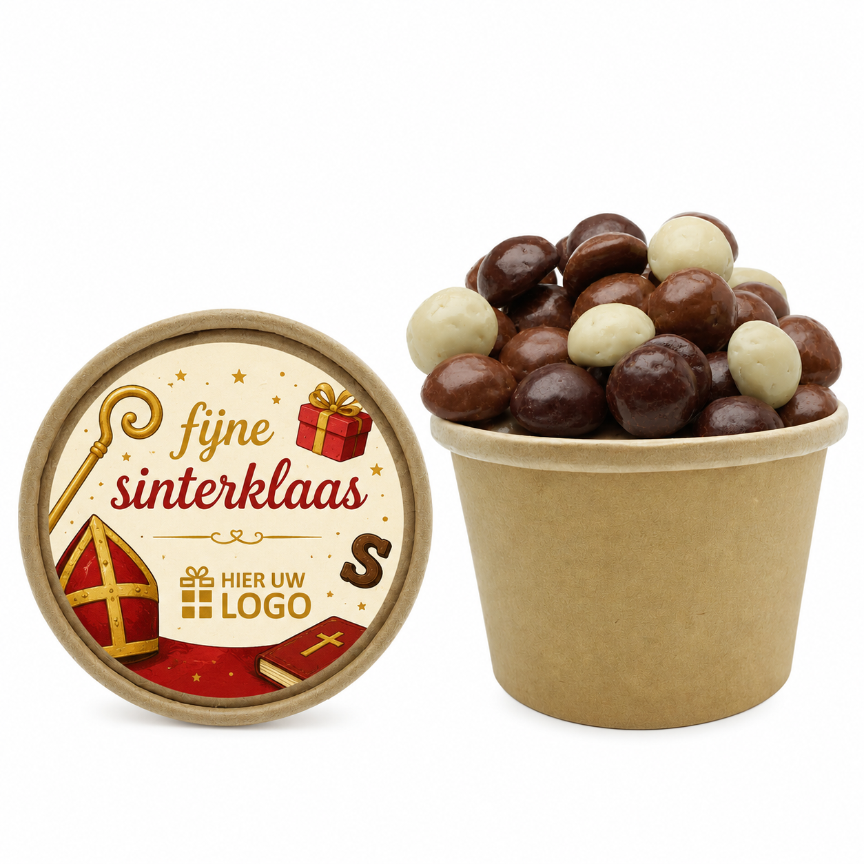Duurzame biobeker met 120 gram LUXE chocolade pepernoten - inclusief gepersonaliseerde sticker